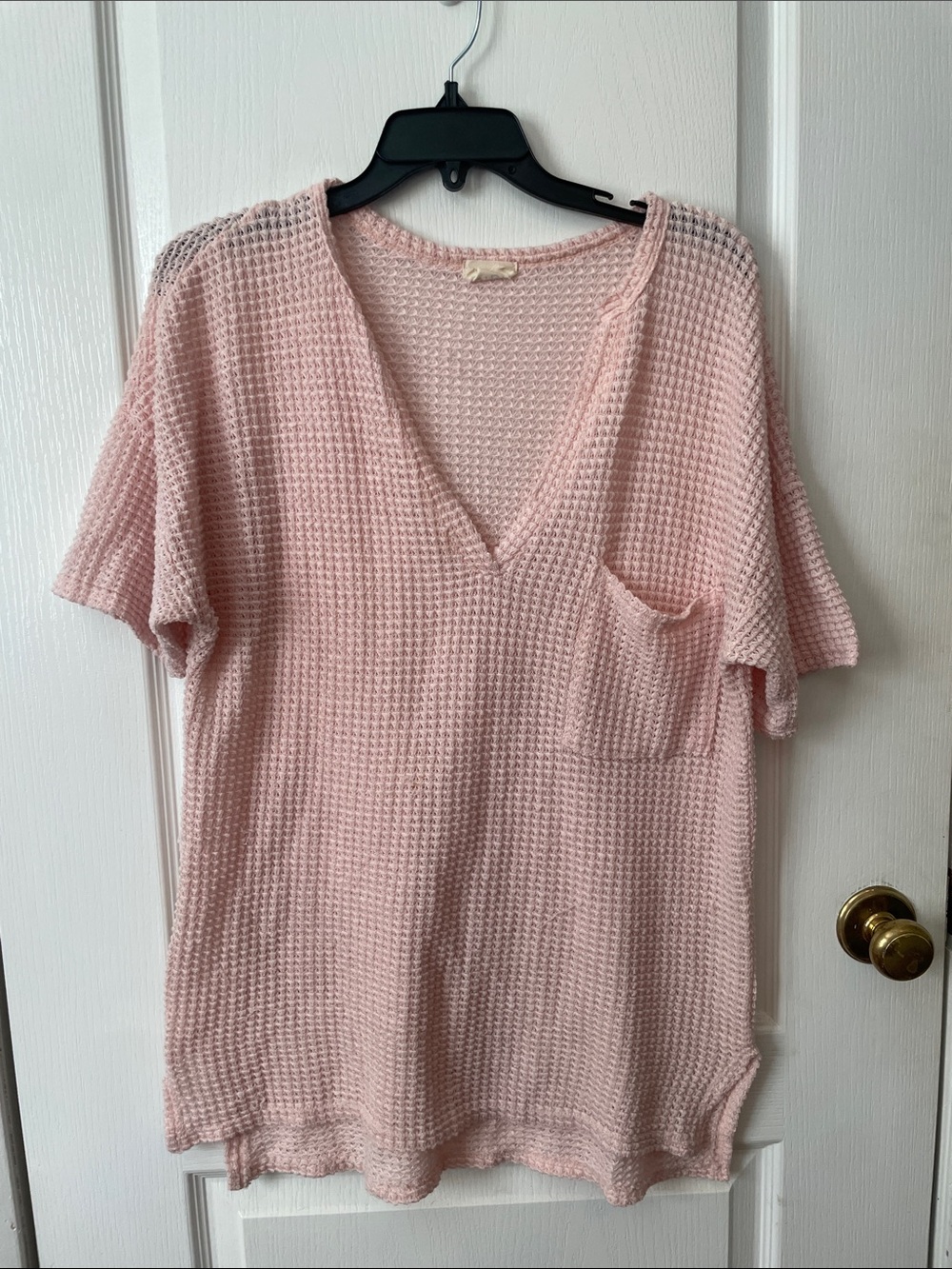 Light Pink Waffle Knit V-Neck Short Sleeve Top